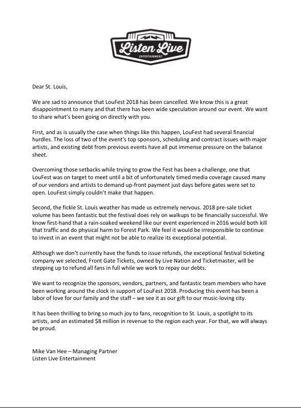 Letter from LouFest organizers